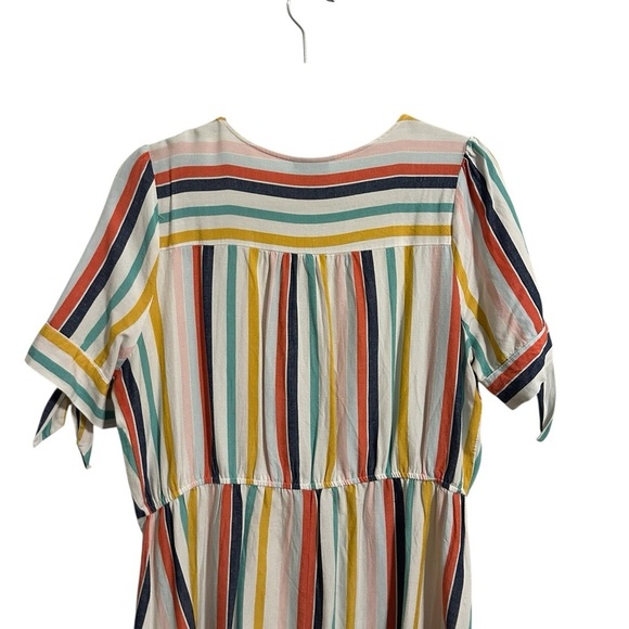 a.n.a Rainbow Striped Midi Sundress with V-Neck and Cuffed Sleeves Linen Blend L - Picture 6 of 10